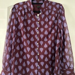 Ann Taylor Burgundy Leaf Print Button Down Shirt